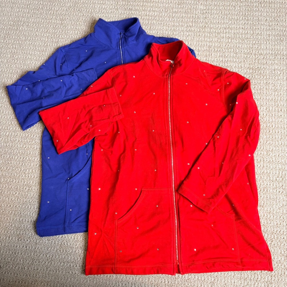 Quacker Factory Women Medium Rhinestone Zip Up Sweatshirt Set Red Blue 2pc